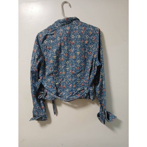 Vintage 90's Liz Claiborne womens xl ditsy Floral wrap tie blue red denim top - Picture 4 of 5